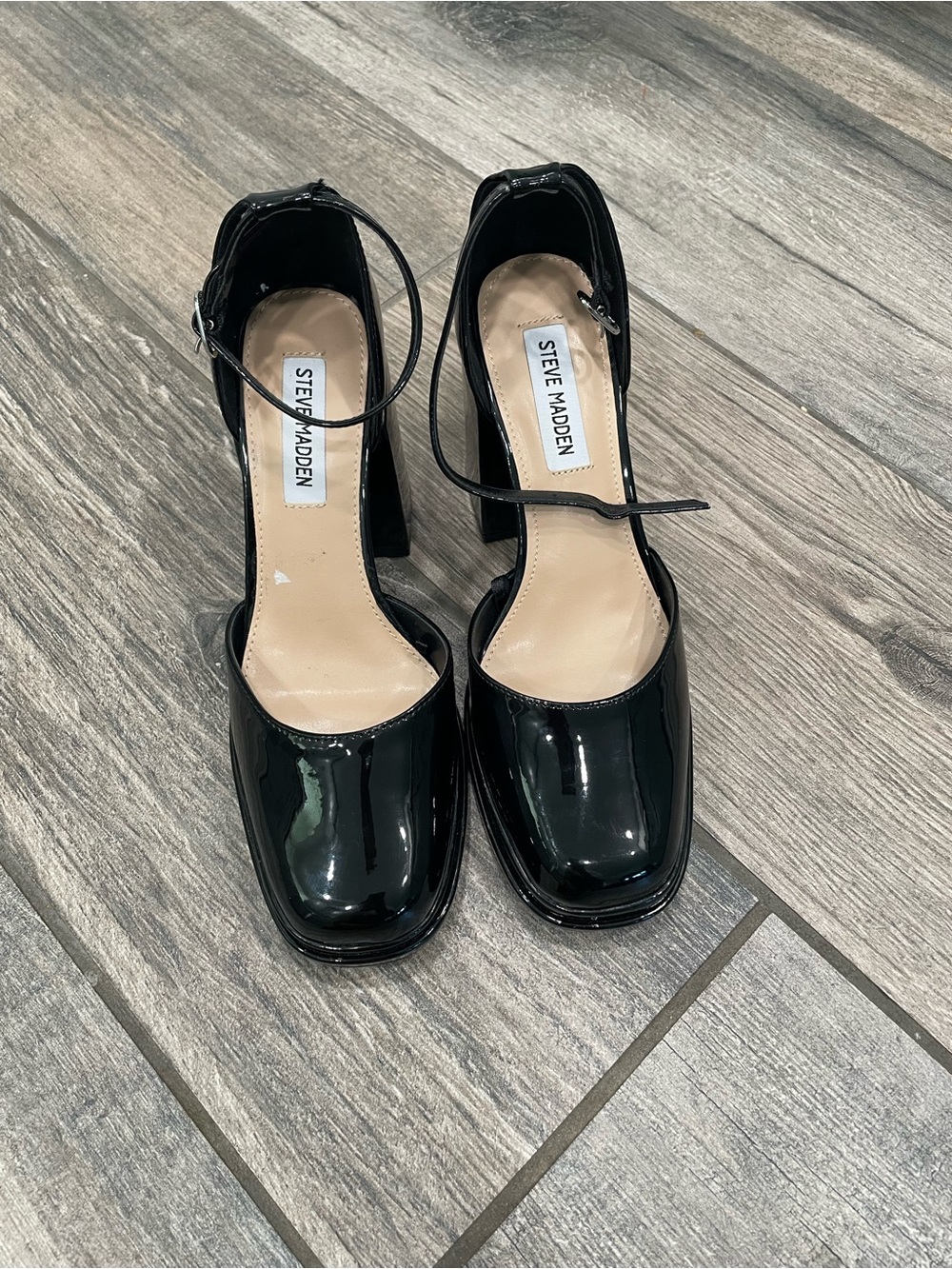 Steve Madden Black Patent Square-Toe Ankle Strap Block Heels
